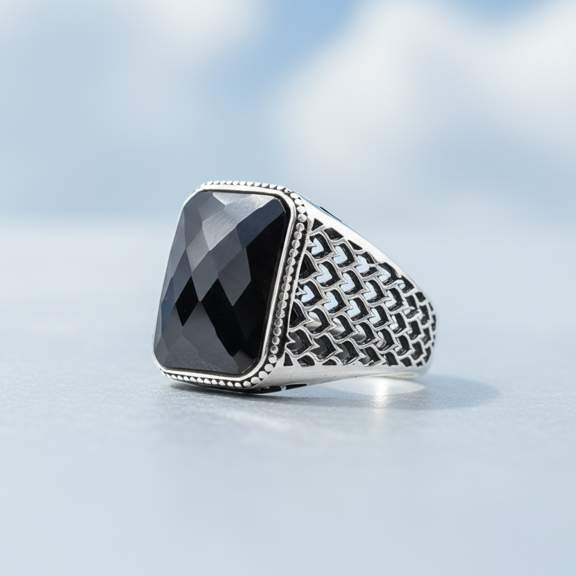 Bague pour homme en argent 925 avec pierre noire LMR295