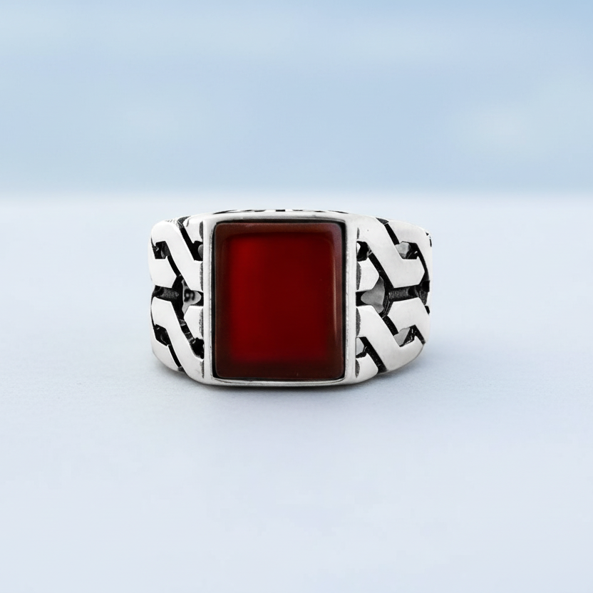 Bague pour homme en argent 925 avec pierre d'agate rouge LMR505