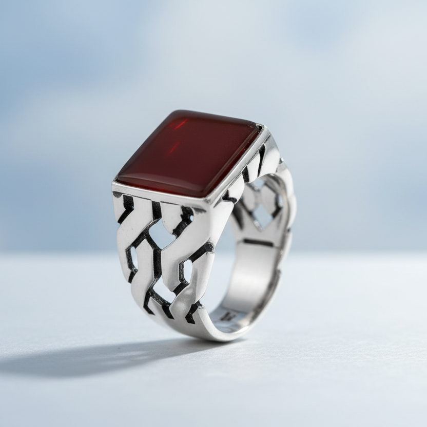 Bague pour homme en argent 925 avec pierre d'agate rouge LMR505