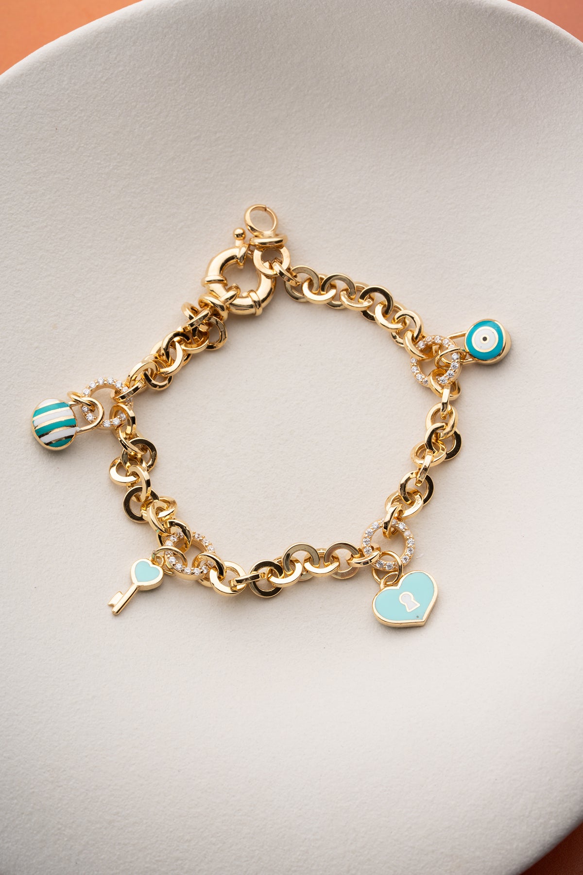 Charm Armband met Hart, Sleutel en Nazar | 925 Zilver
