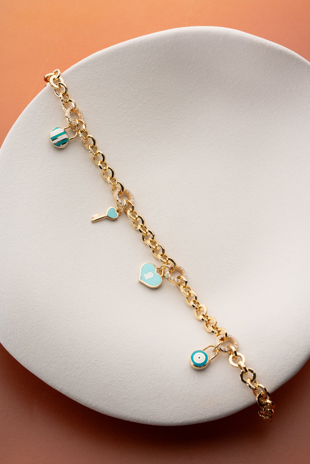 Charm Armband met Hart, Sleutel en Nazar | 925 Zilver