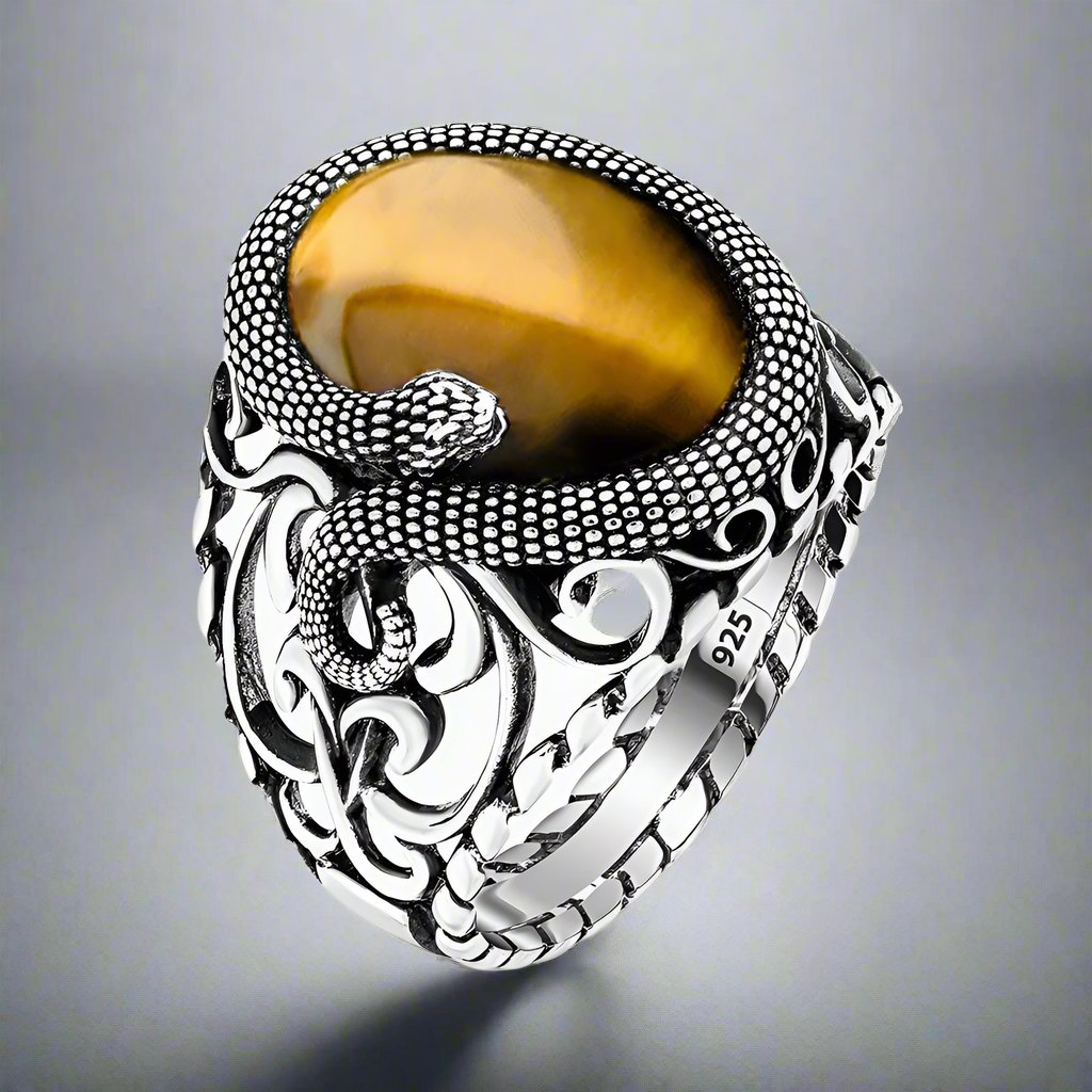 Bague serpent - argent sterling 925 avec oeil de tigre