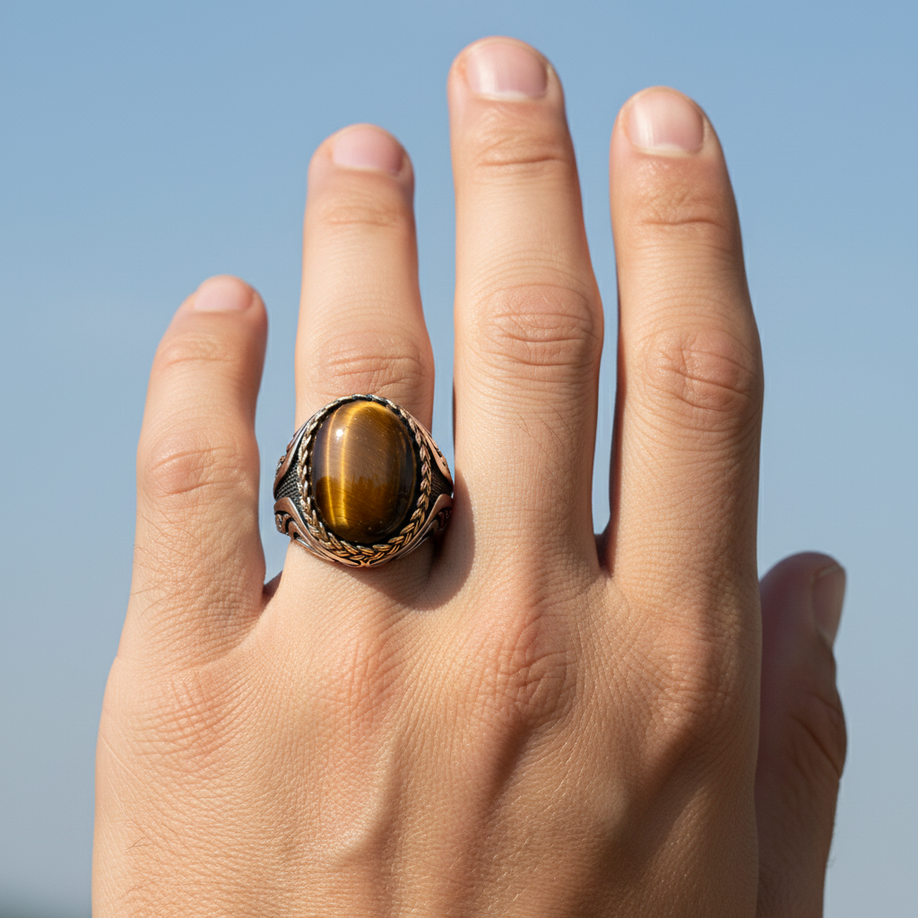 Bague pour homme avec pierre en œil de tigre