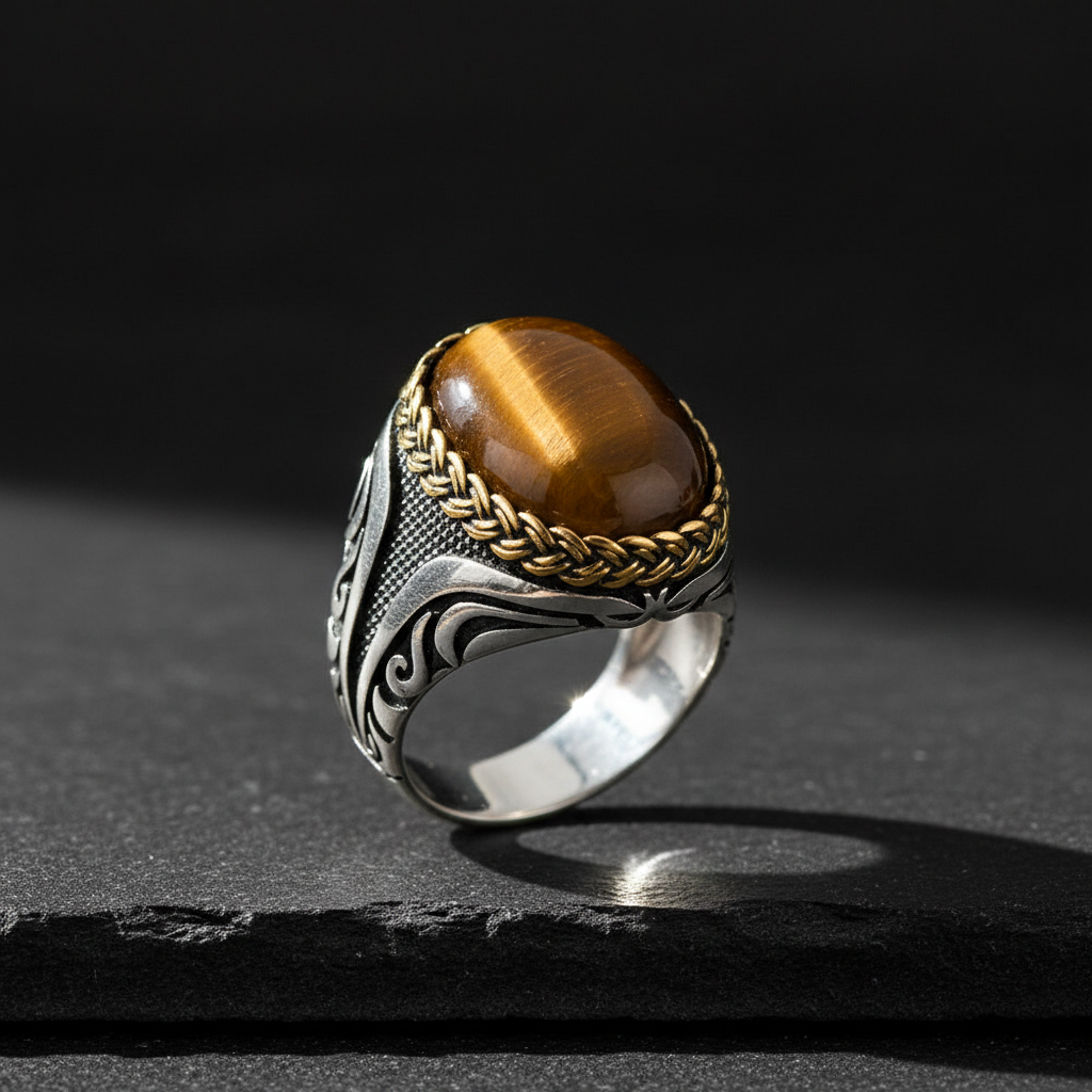 Bague pour homme avec pierre en œil de tigre
