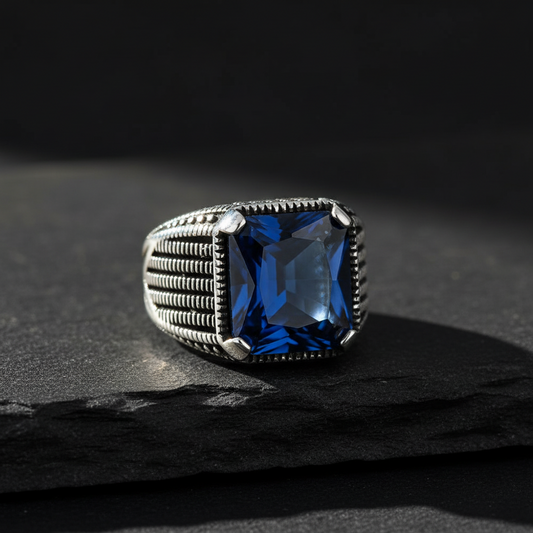 Anneau d'hommes argentés avec de la pierre bleue