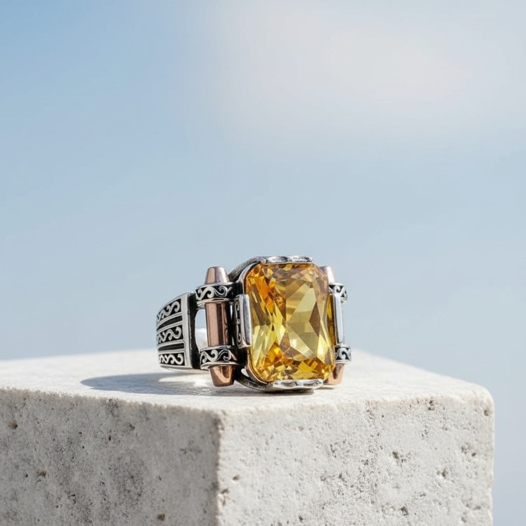 Anneau pour hommes avec zircone jaune - 925 Silver Silver