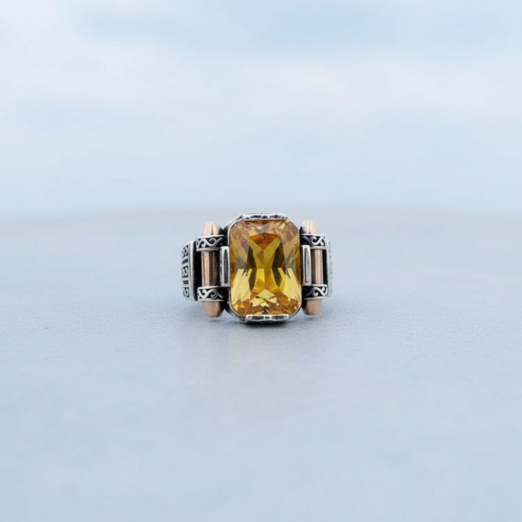 Herenring met Gele Zirkonia – 925 Sterling Zilver