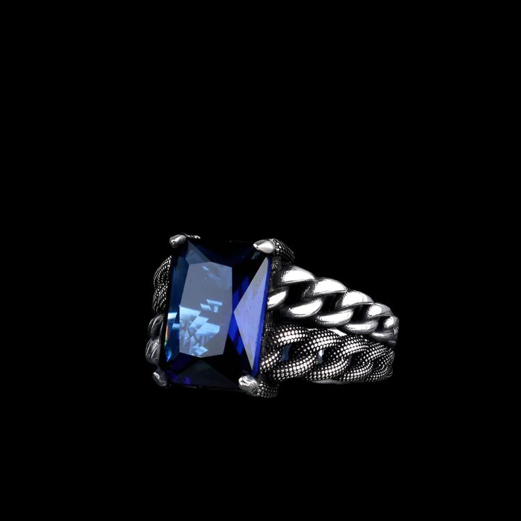 Bague homme en argent avec pierre bleue