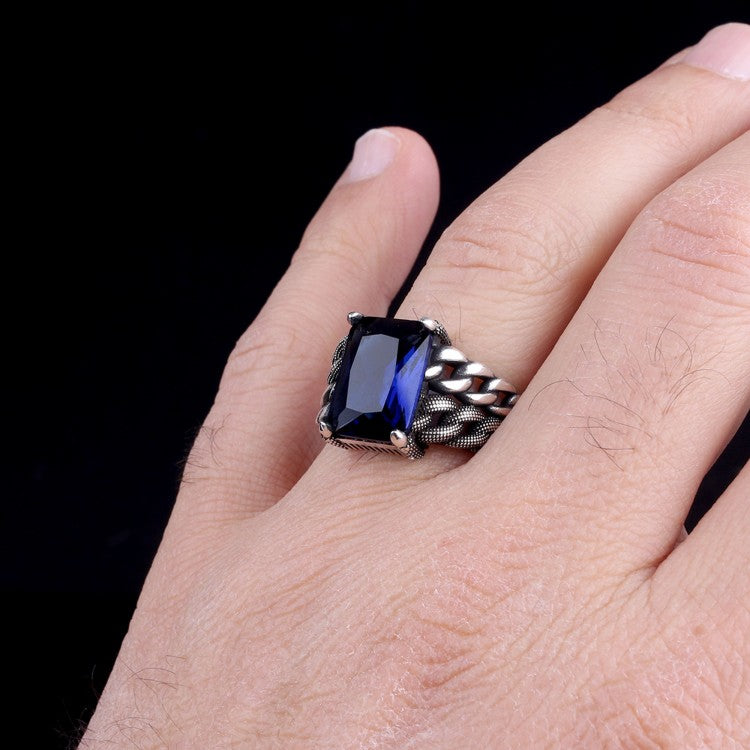 Bague homme en argent avec pierre bleue