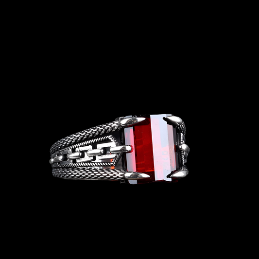 Bague pour homme en argent 925 avec pierre rouge