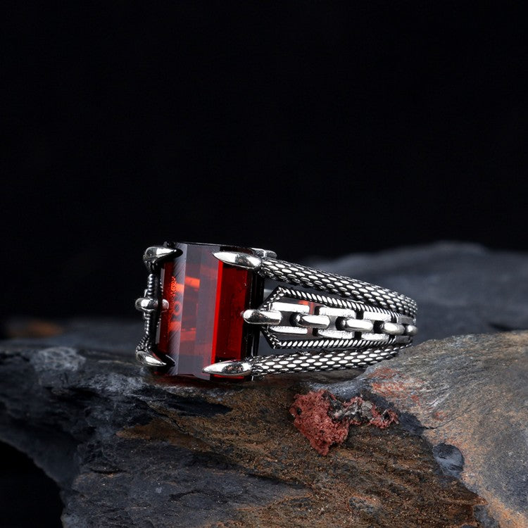 Bague pour homme en argent 925 avec pierre rouge