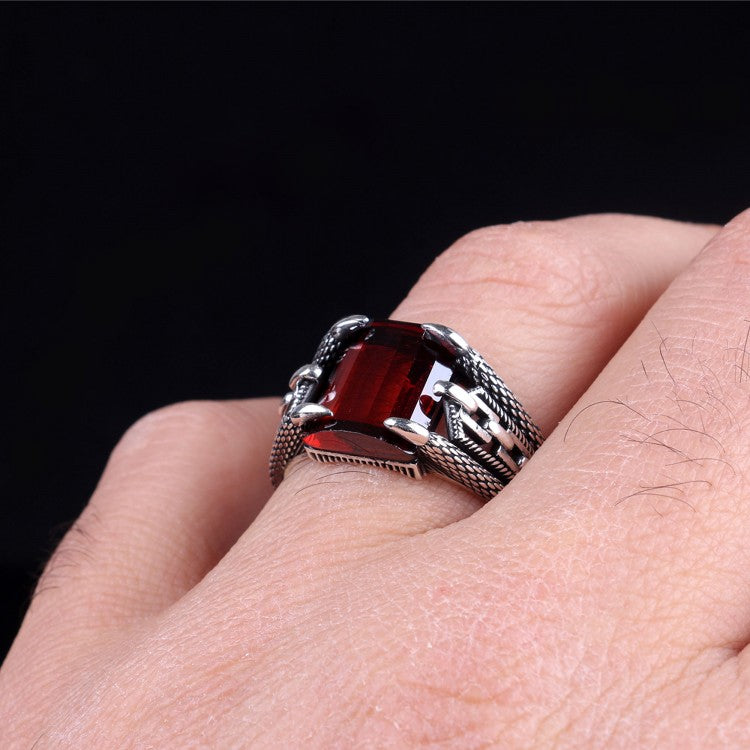 Bague pour homme en argent 925 avec pierre rouge