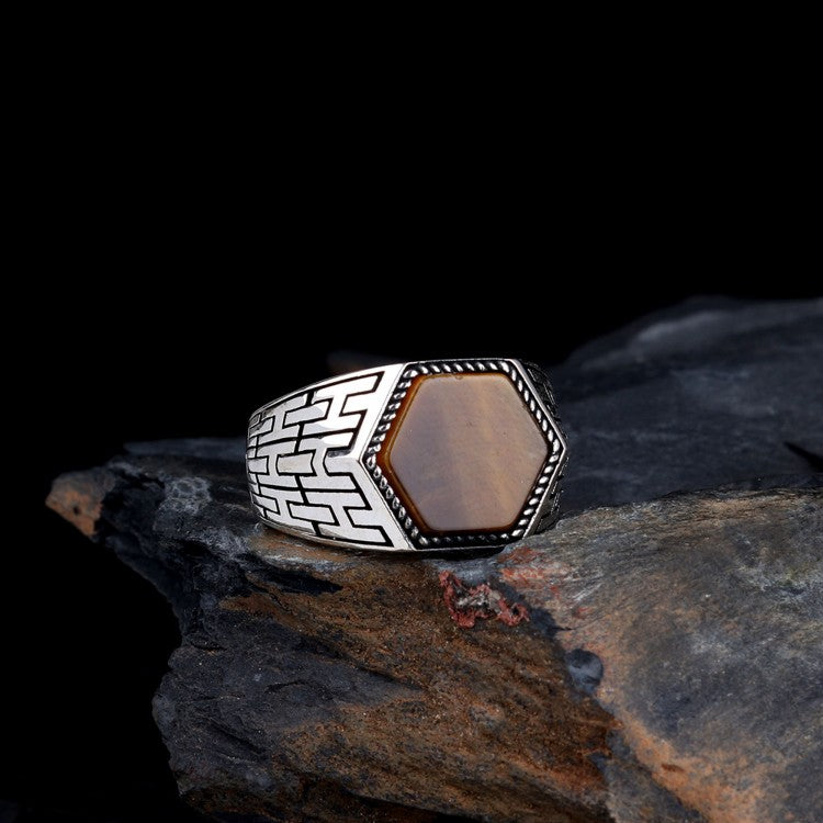 Bague pour homme en argent 925 avec pierre oeil de tigre