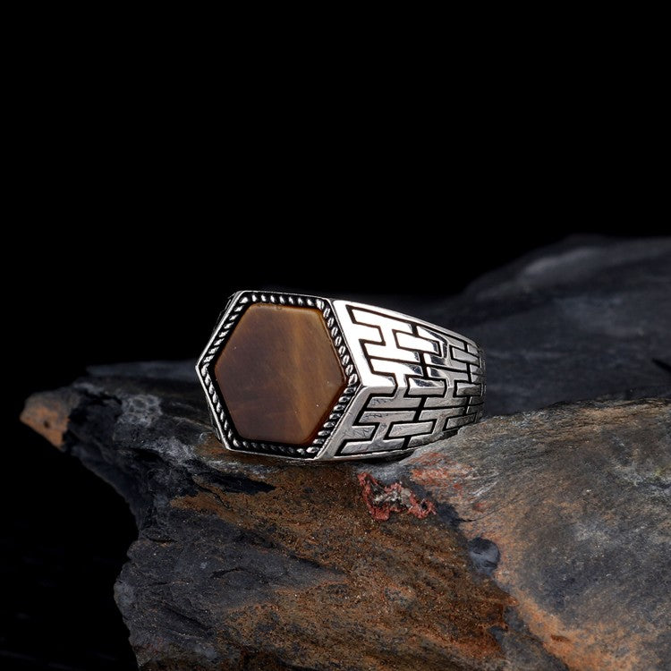 Bague pour homme en argent 925 avec pierre oeil de tigre