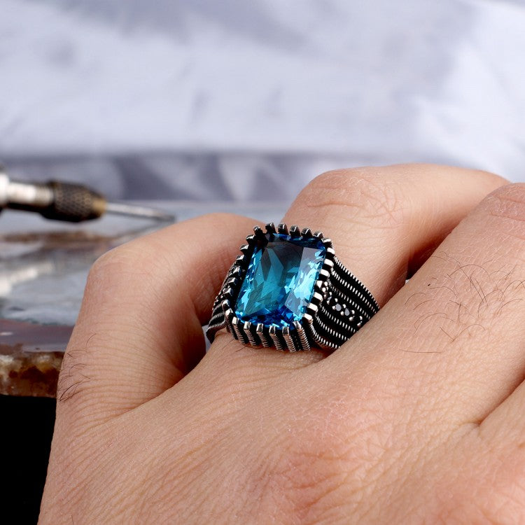 Bague homme en argent avec pierre bleue