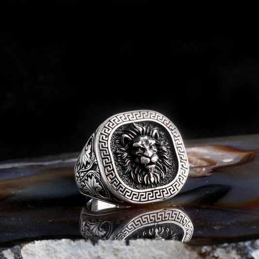 Bague en argent sterling 925 avec motif tête de lion