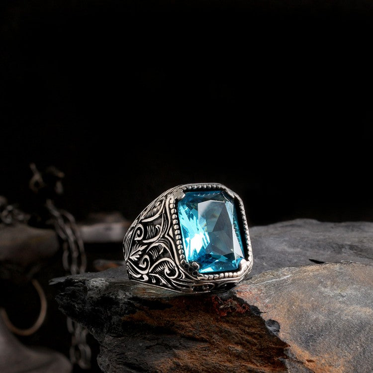 Bague homme en argent avec pierre bleue