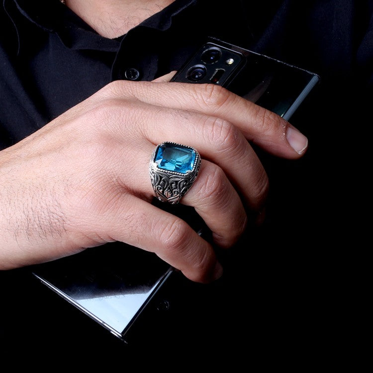 Bague homme en argent avec pierre bleue