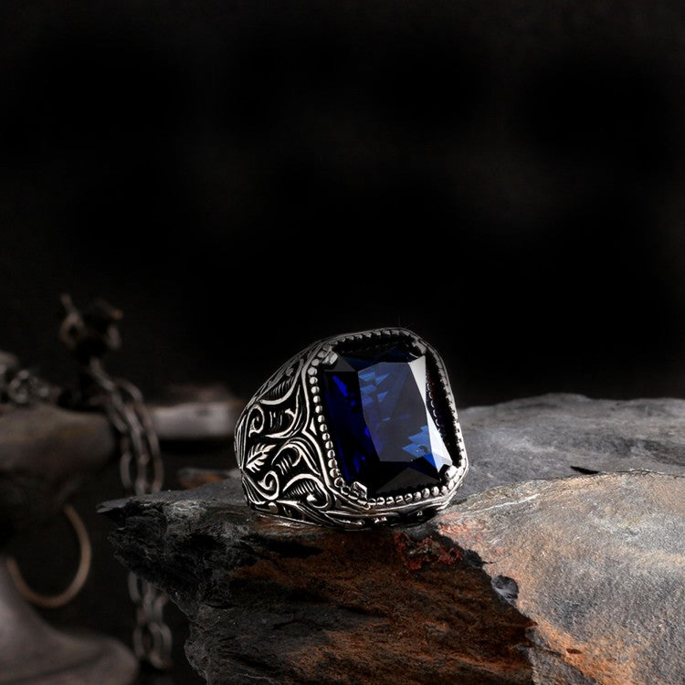 Bague homme en argent avec pierre bleue