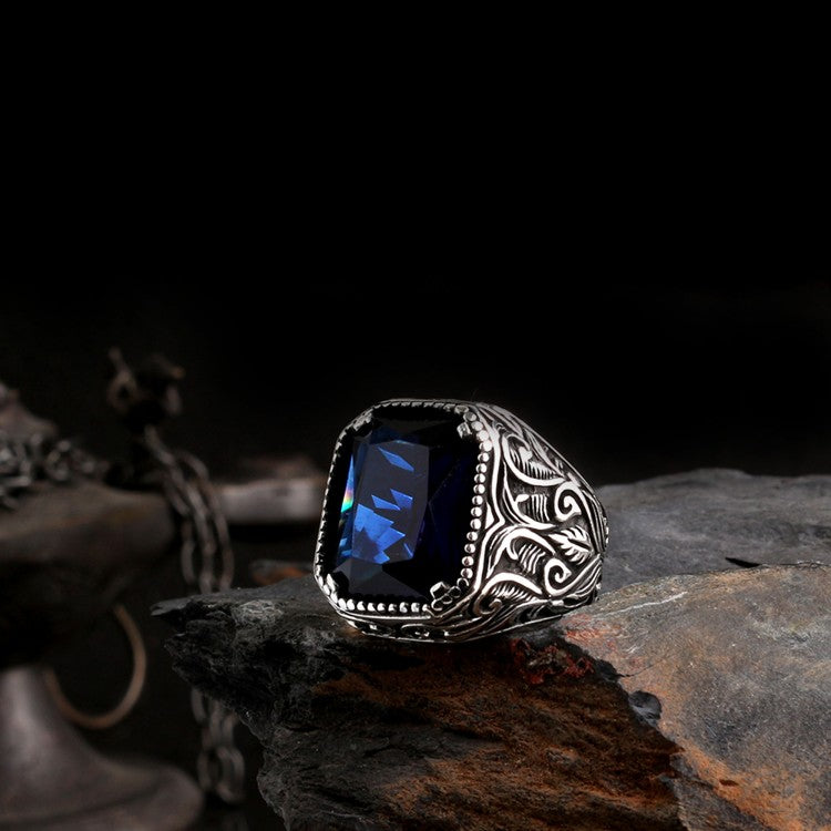 Bague homme en argent avec pierre bleue