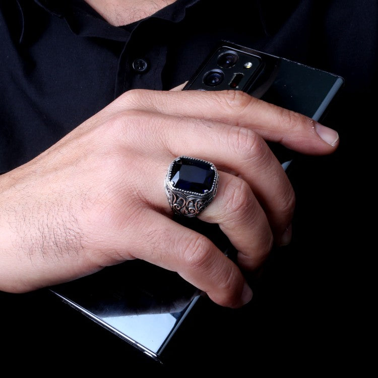 Bague homme en argent avec pierre bleue