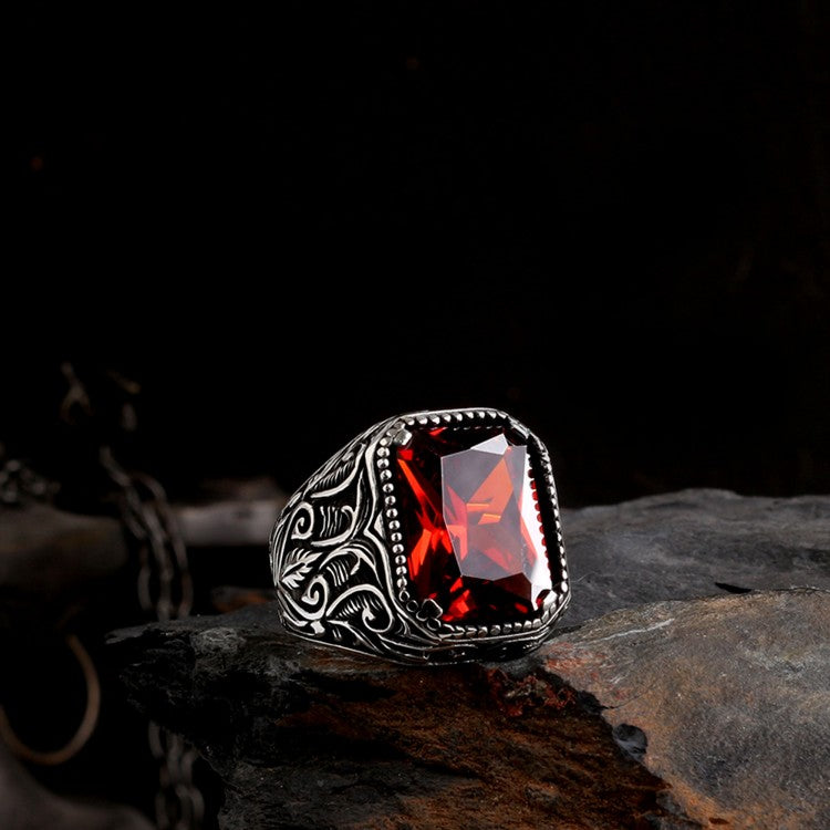 Bague pour homme en argent 925 avec pierre rouge