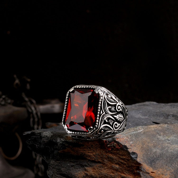 Bague pour homme en argent 925 avec pierre rouge