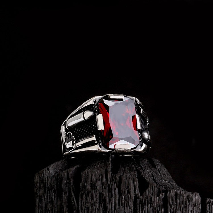 Bague pour homme en argent 925 avec pierre rouge