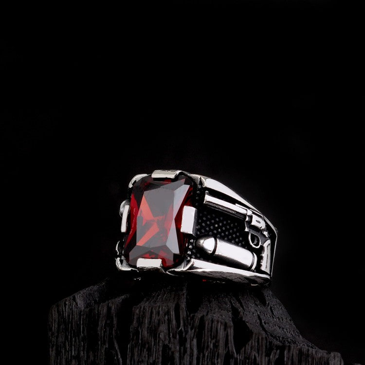 Bague pour homme en argent 925 avec pierre rouge