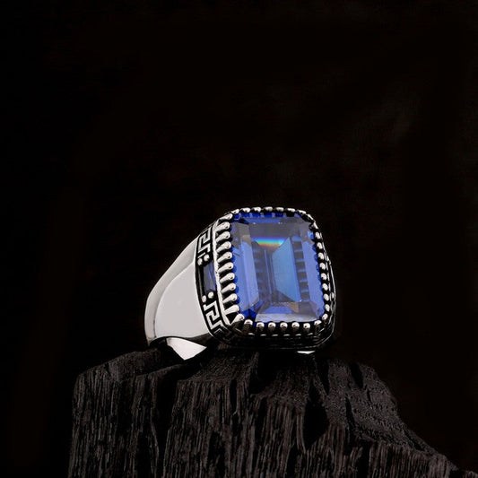 Bague homme en argent avec pierre bleue