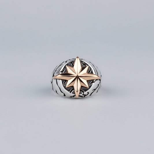 Anneau d'hommes avec une étoile de boussole de 925 argent sterling