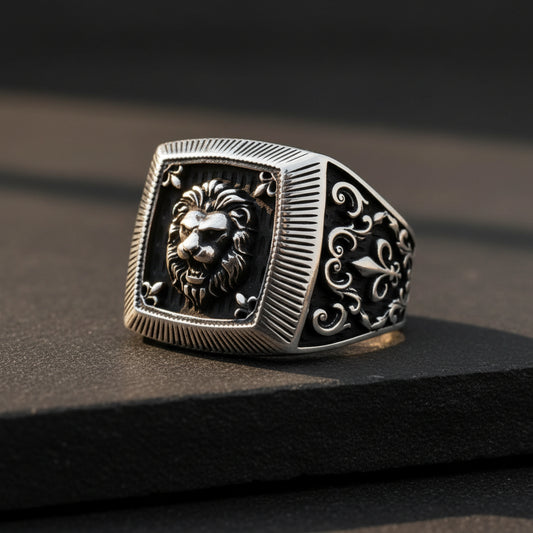 Bague en argent pour homme avec figure de lion