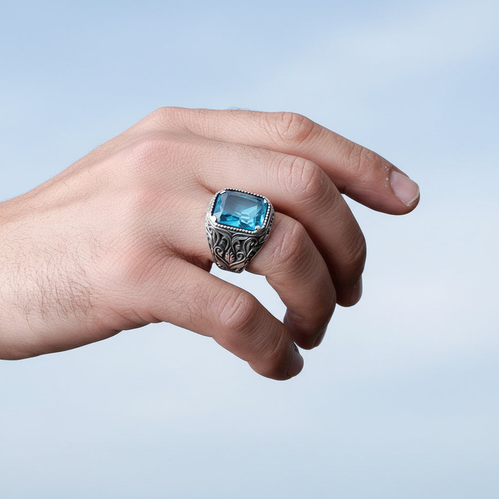 Bague homme en argent avec pierre bleue