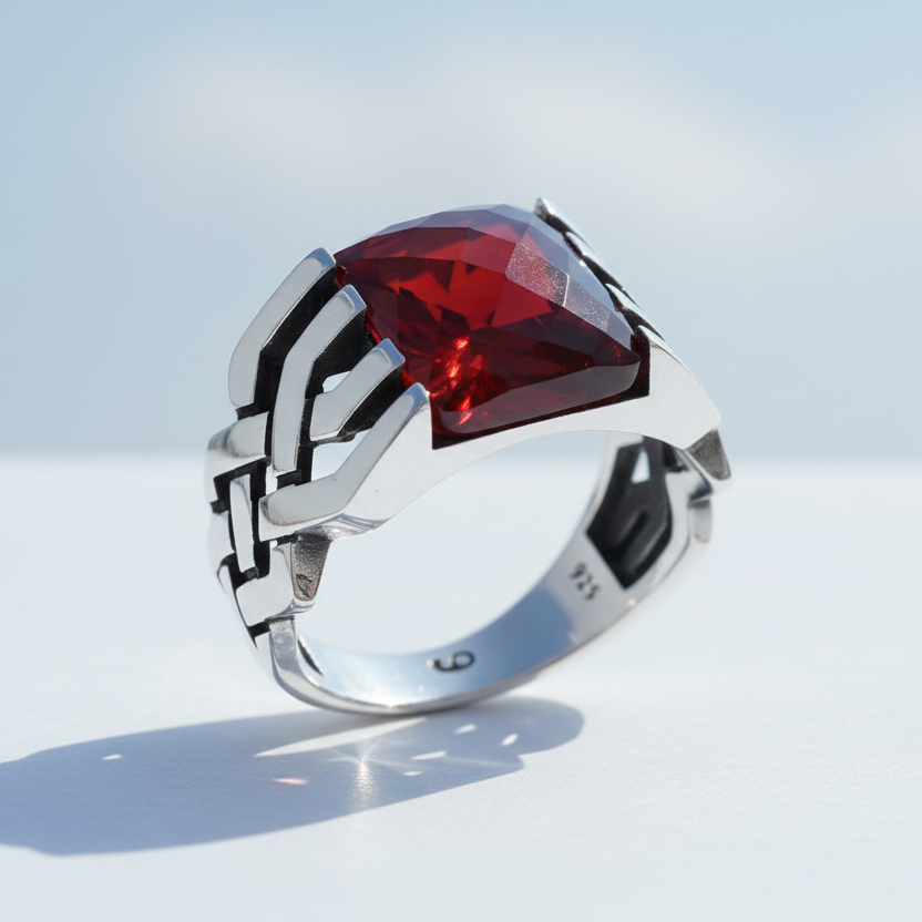 Chevalière Pierre Rouge pour Homme en Argent