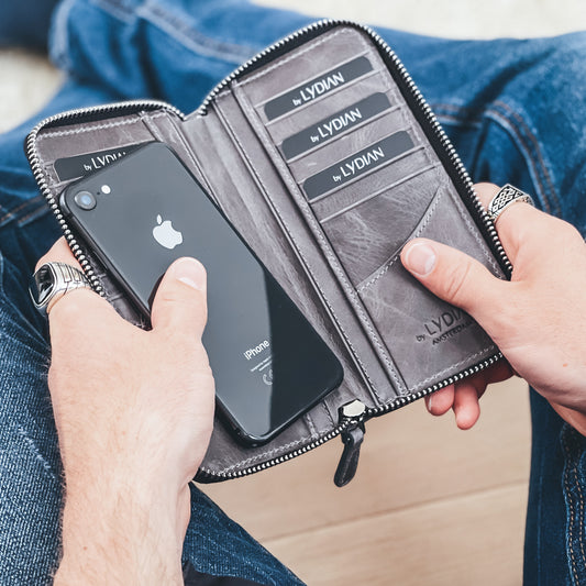 Portefeuille pour smartphone en cuir gris avec 16 poches BLW3016-G