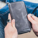 Portefeuille pour smartphone en cuir gris avec 16 poches BLW3016-G