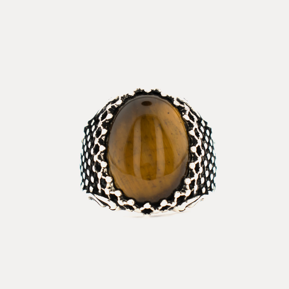 Bague ovale en argent sterling avec pierre d'oeil de tigre BLK001