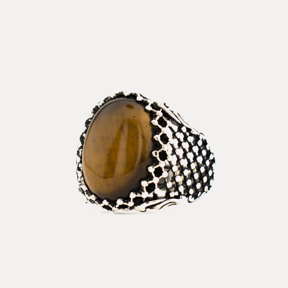 Bague ovale en argent sterling avec pierre d'oeil de tigre BLK001