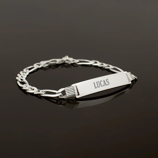 Bracelet Figaro avec plaque gravée, argent / 6 mm de large